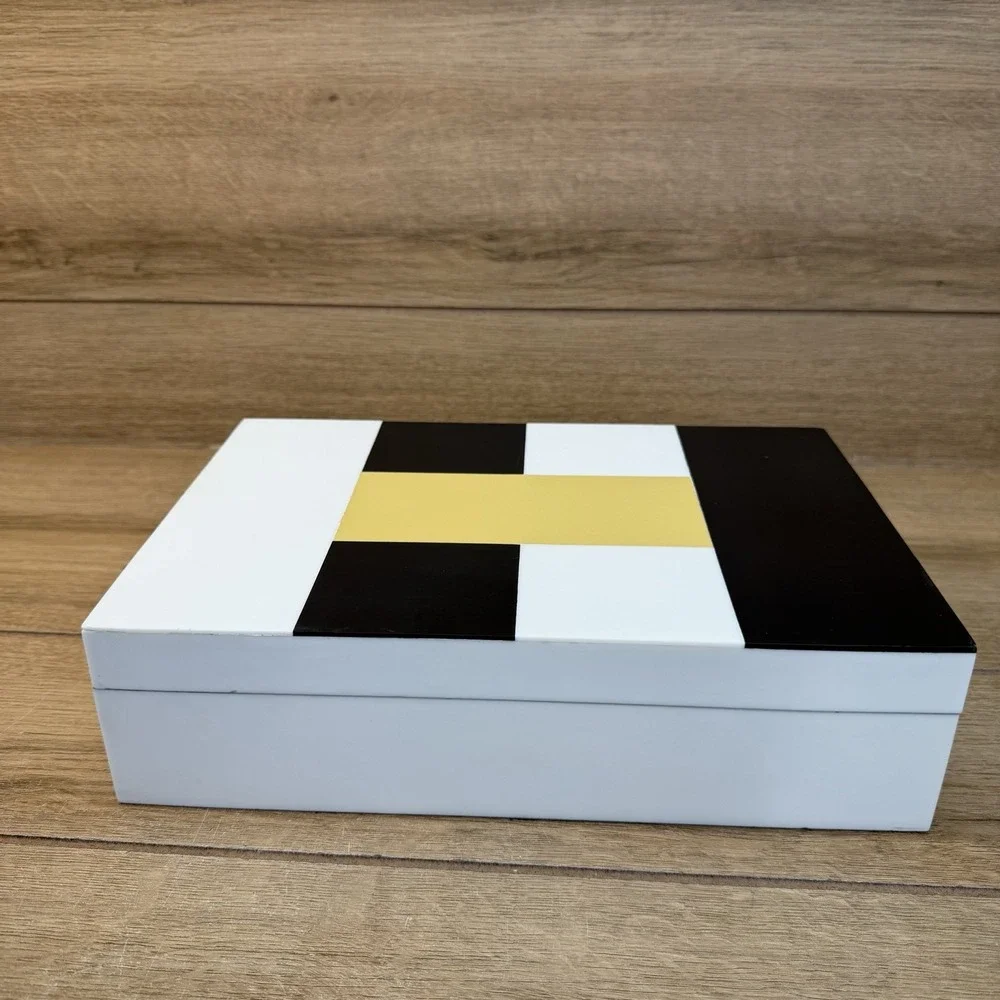 Handmade Wood Storage Stash Trinket Box Black Yellow White Geometric Hinged